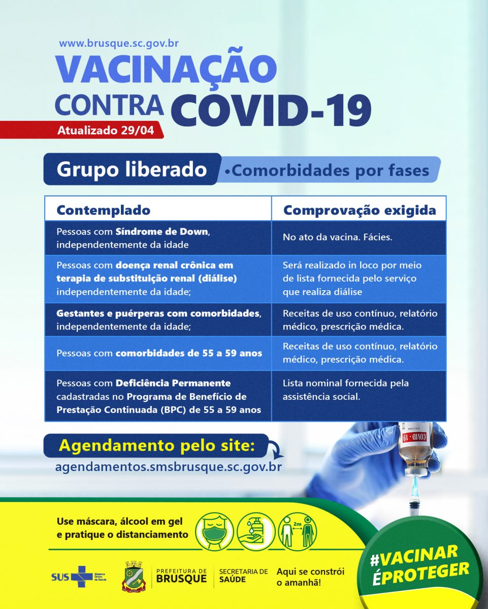 COVID-19: Brusque abre agendamento de Vacina a outros grupos prioritários