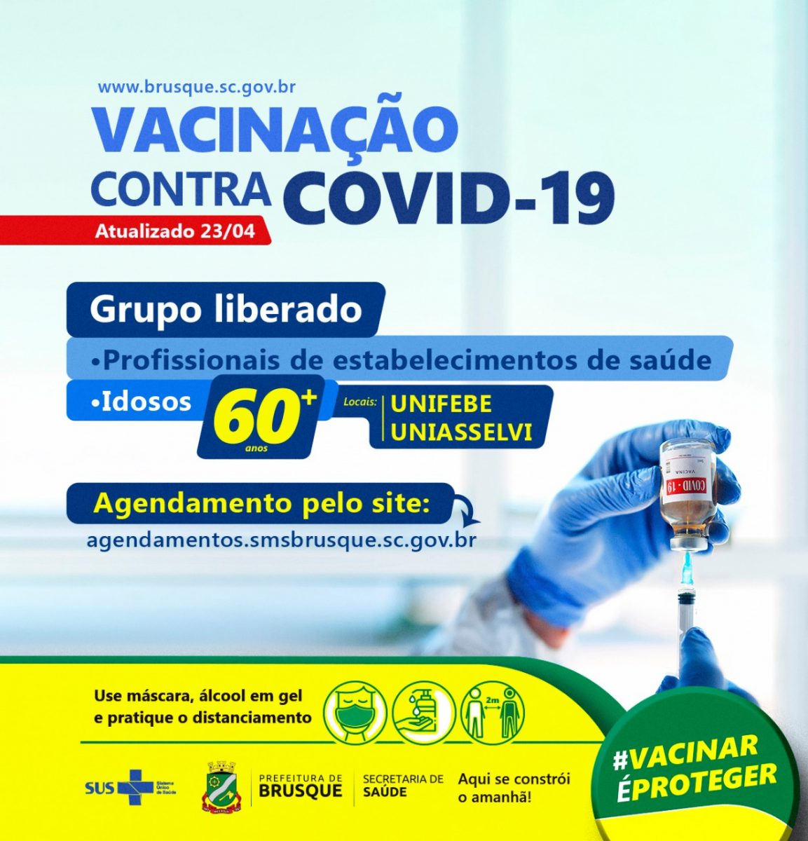 COVID-19: Brusque abre agenda para primeira dose da vacina a pessoas acima de 60 anos