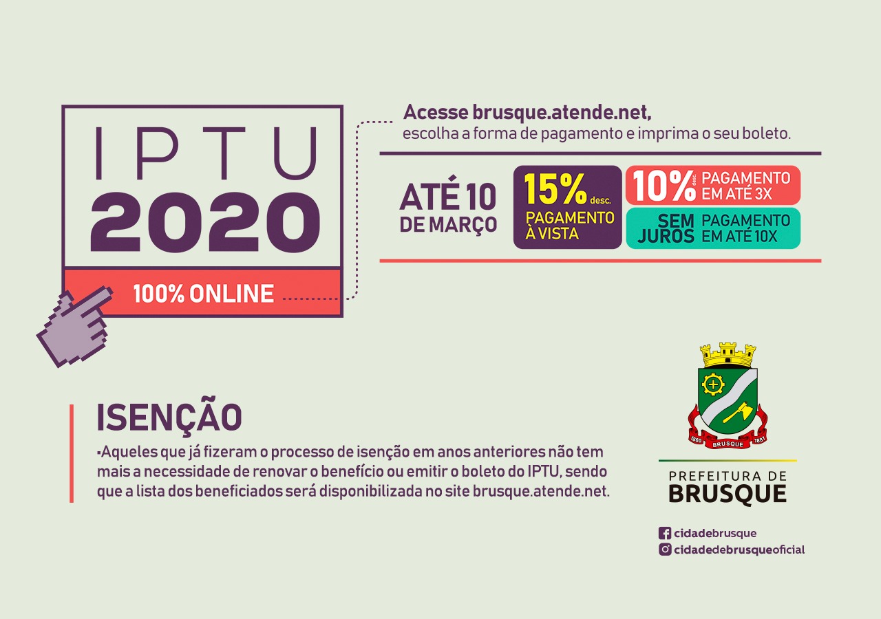 Cota única ou primeira parcela do IPTU de Brusque vence nesta terça-feira (10)