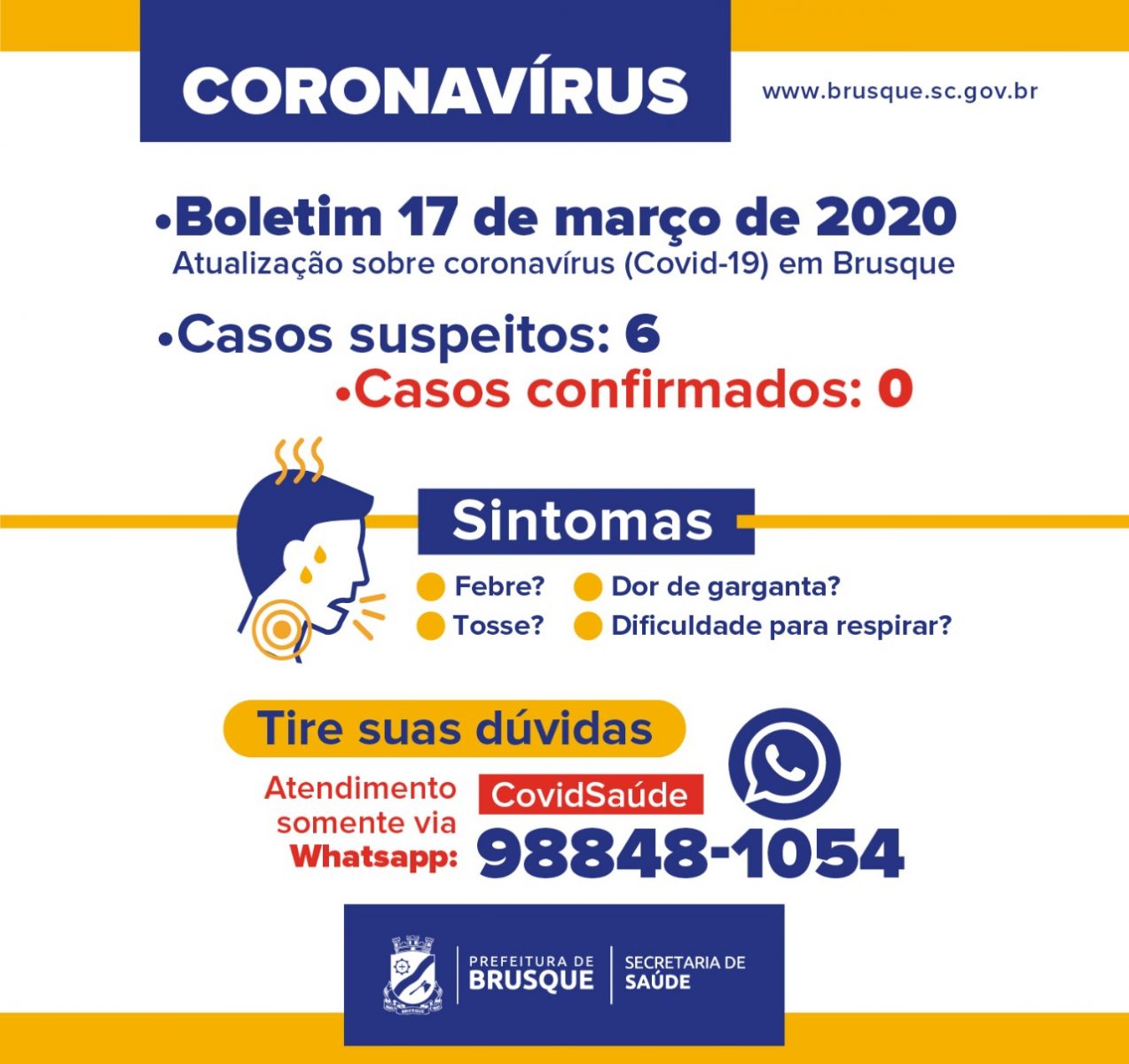 Prefeitura de Brusque atualiza informações sobre coronavírus (covid-19)