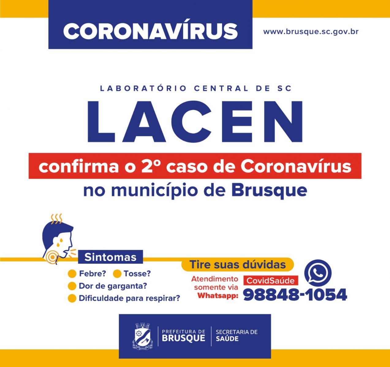 Segundo caso de coronavirus é confirmado em Brusque