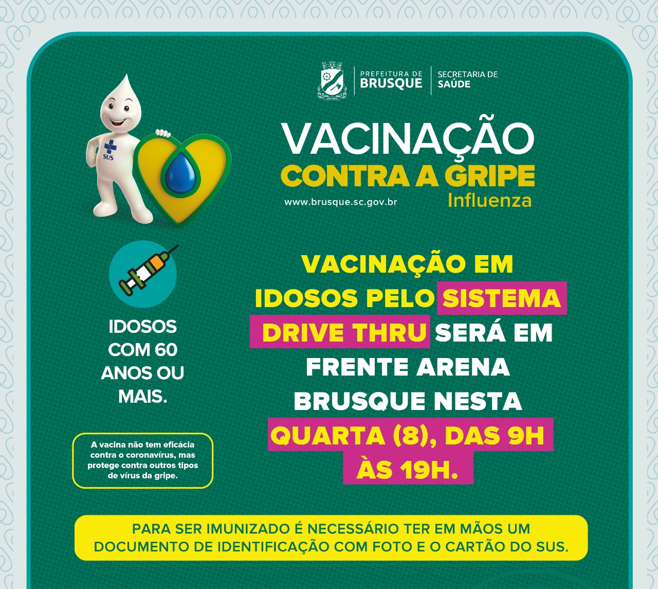 MUDANÇA DE LOCAL: Vacinação em idosos pelo sistema drive thru será em frente Arena Brusque nesta quarta (8)