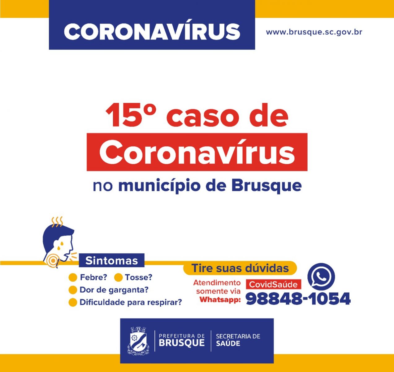 Sobe para 15 o número de casos confirmados de coronavírus (Covid-19) em Brusque