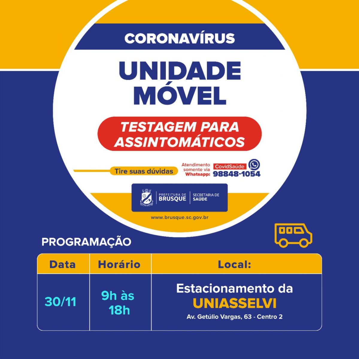 Covid-19: Unidade Móvel estará no estacionamento da Uniasselvi na segunda-feira (30)