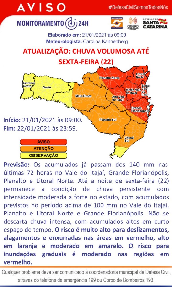 Defesa Civil atualiza situação das chuvas em Brusque