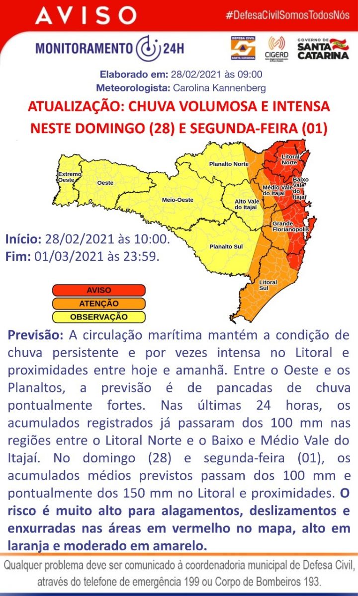 Boletim Defesa Civil de Brusque – Chuvas entre 27 e 28 de fevereiro  Atualização 28 de fevereiro, 12h