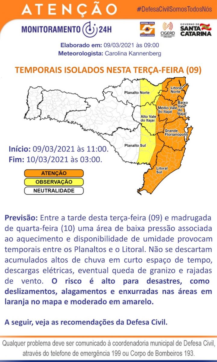 Defesa Civil divulga aviso meteorológico com possibilidade de temporais isolados