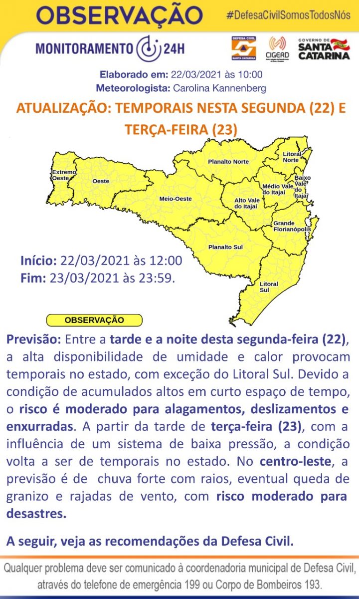 Defesa Civil divulga aviso meteorológico com possibilidade de temporais