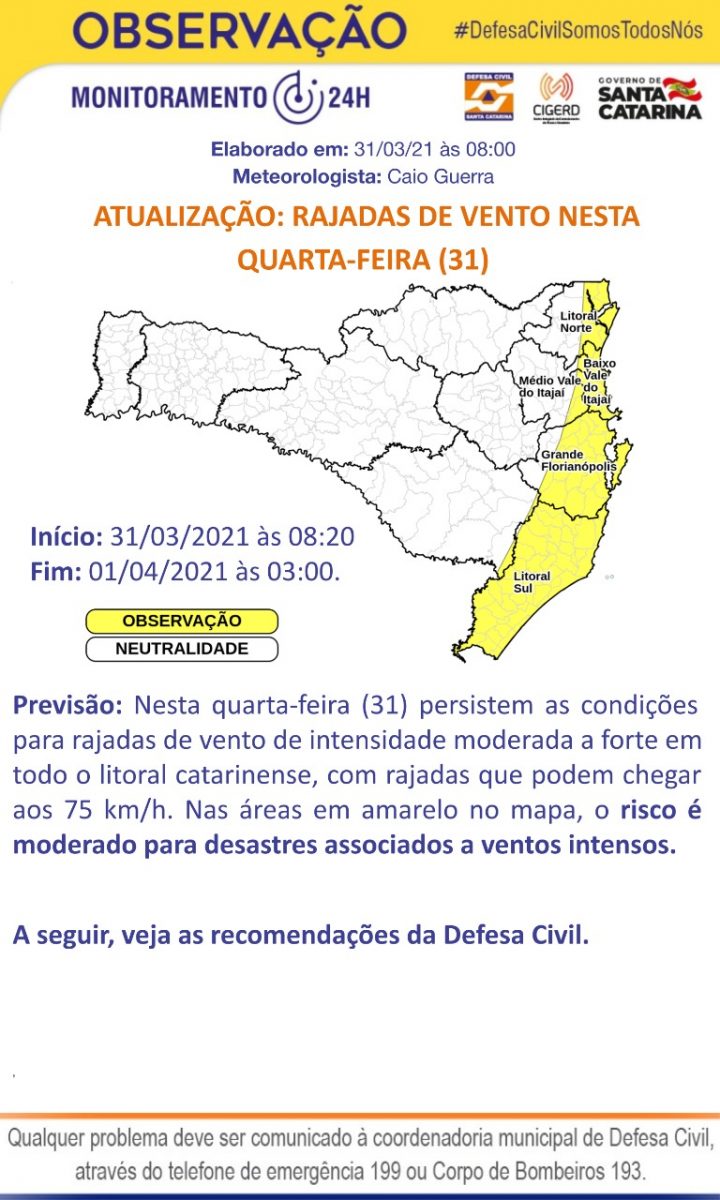 Defesa Civil emite aviso meteorológico para possíveis rajadas de vento