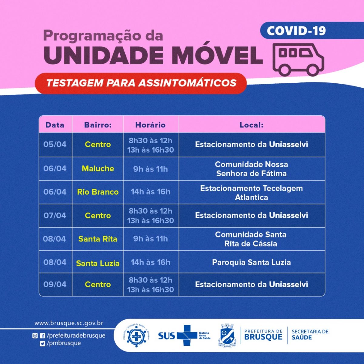 Covid-19: Confira a programação da unidade móvel para a próxima semana