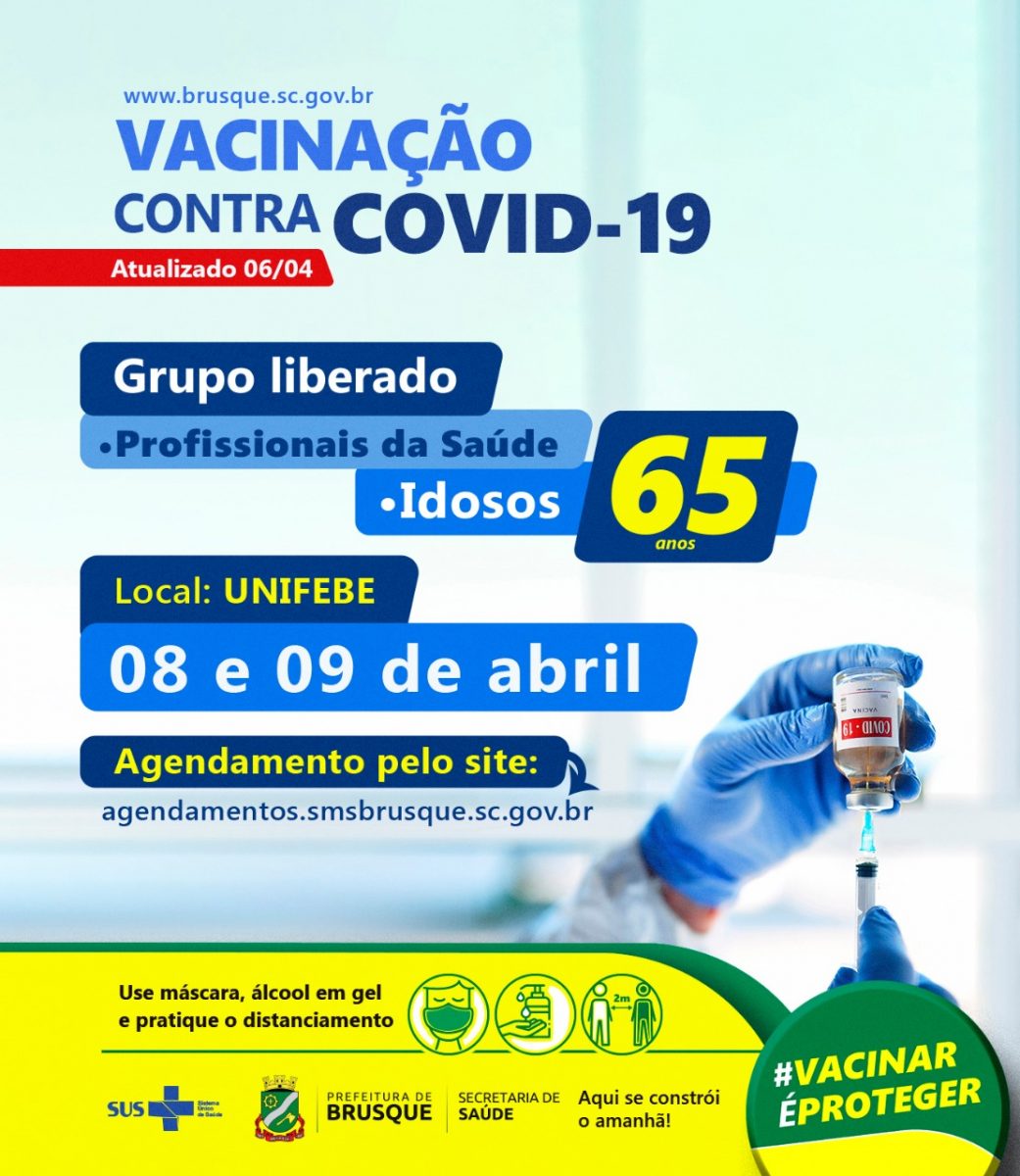 Brusque abre novo agendamento para primeira dose da vacina da Covid para idosos acima de 65 anos e profissionais de saúde
