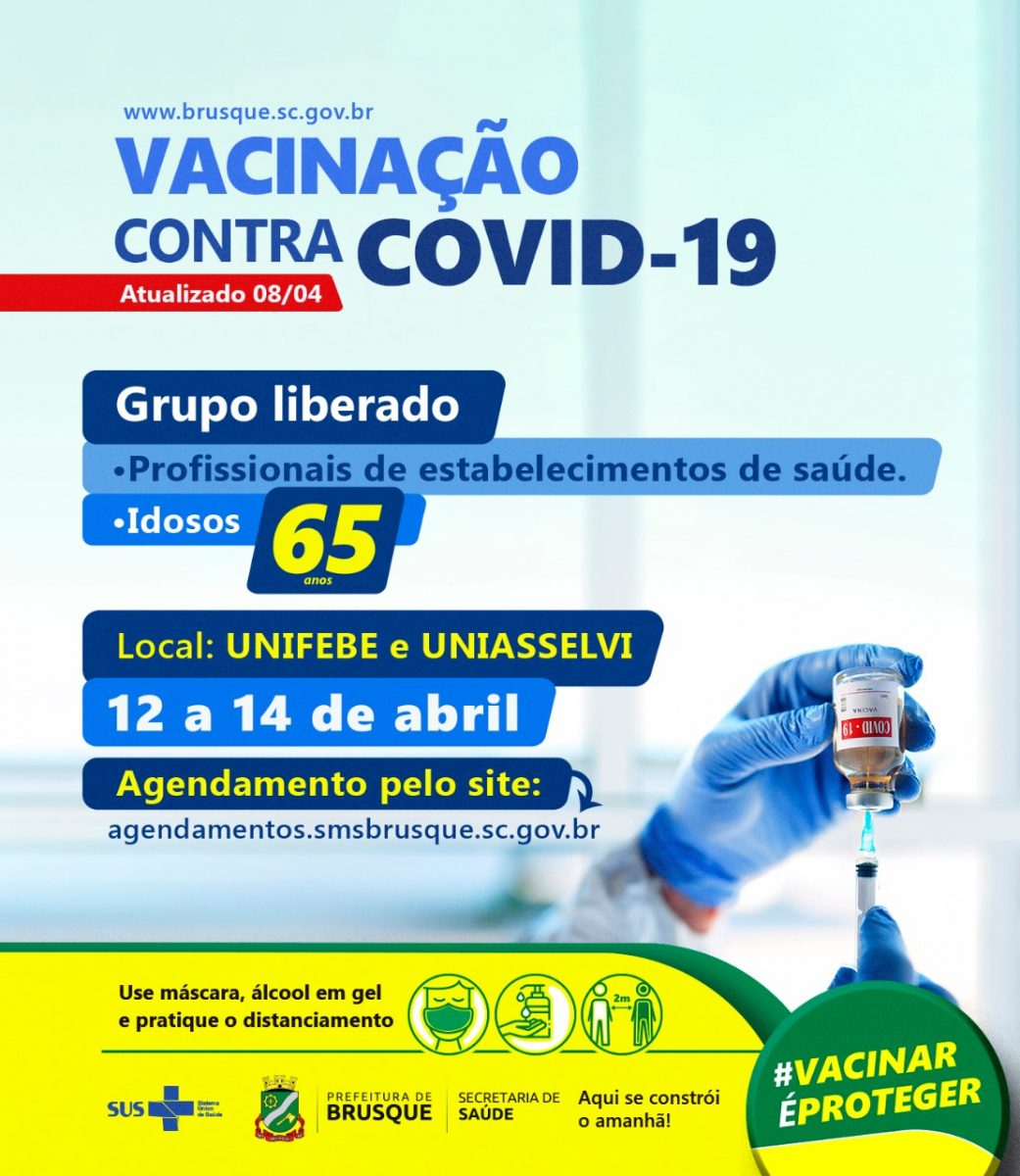 Brusque abre novo agendamento para primeira dose da vacina da Covid para pessoas acima de 65 anos e profissionais de saúde