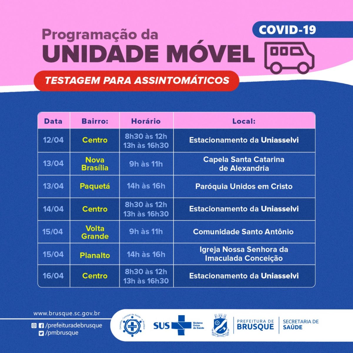 Covid-19: Unidade móvel para assintomáticos divulga agenda da próxima semana