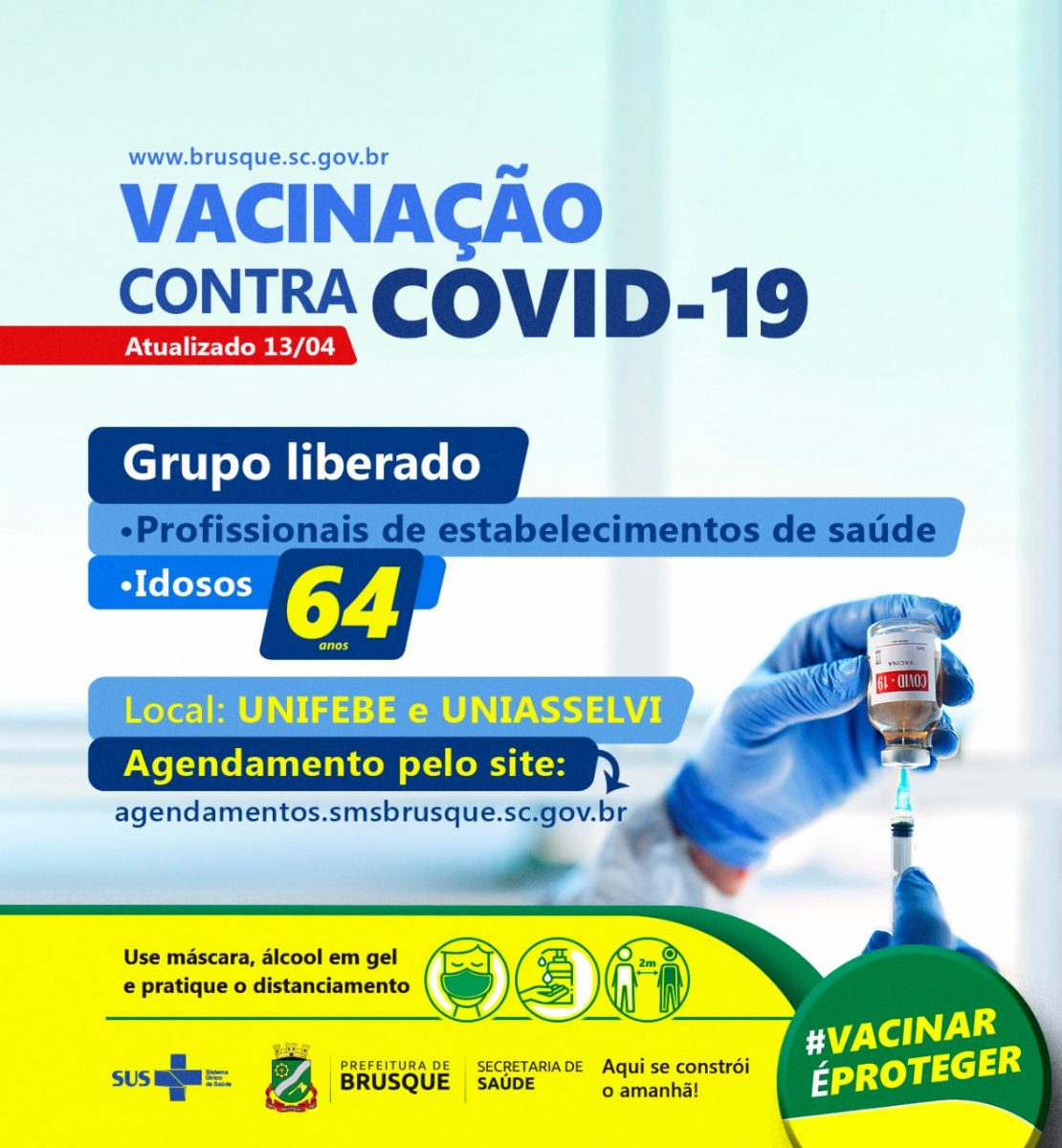 Brusque abre agendamento para primeira dose da vacina da Covid para pessoas acima de 64 anos