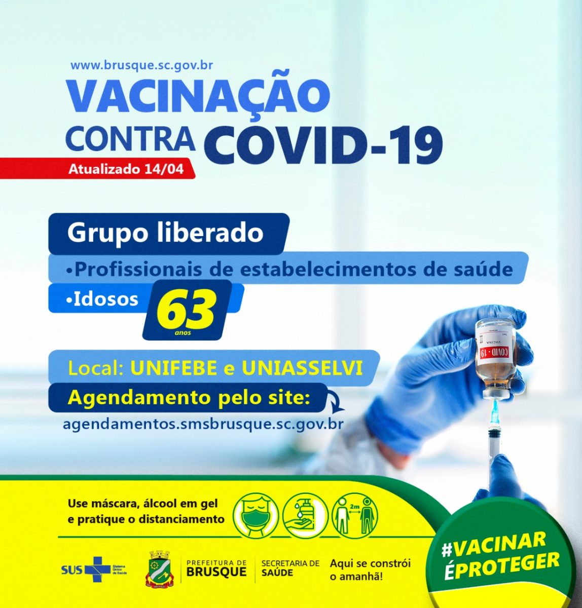 Brusque abre agendamento para primeira dose da vacina da Covid para pessoas acima de 63 anos