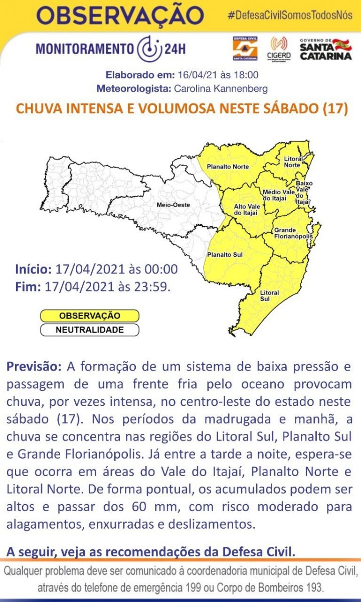 Defesa Civil divulga aviso meteorológico com possibilidade chuva intensa e volumosa