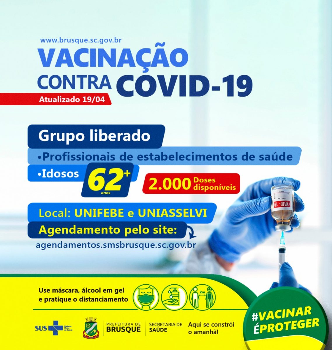 COVID-19: Brusque abre agenda para primeira dose da vacina a pessoas acima de 62 anos