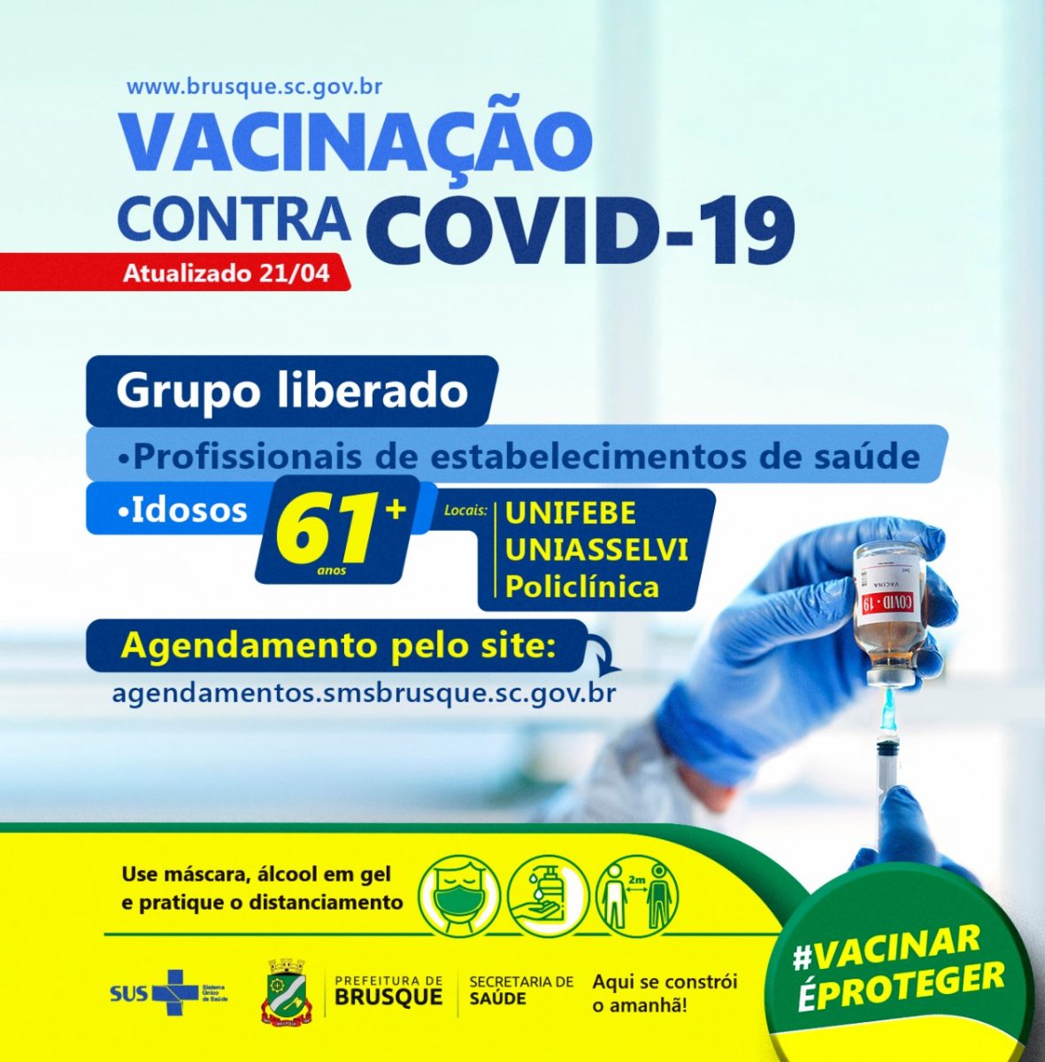 COVID-19: Brusque abre agenda para primeira dose da vacina a pessoas acima de 61 anos