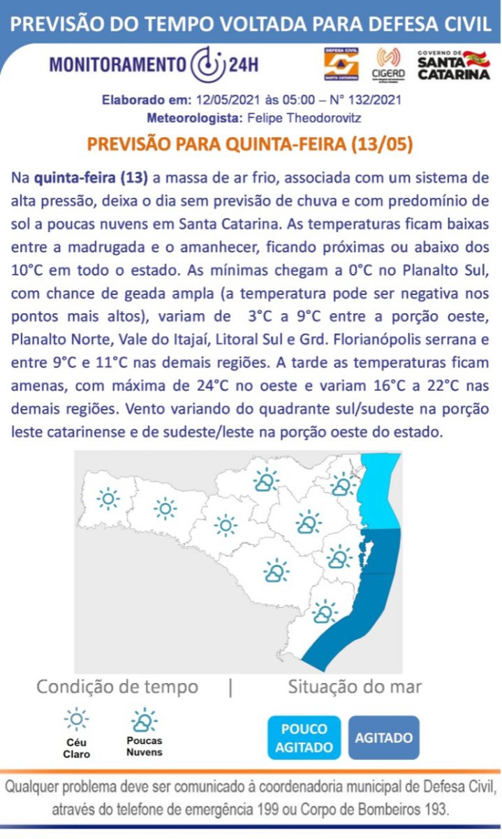 Defesa Civil alerta para queda de temperatura nas próximas horas