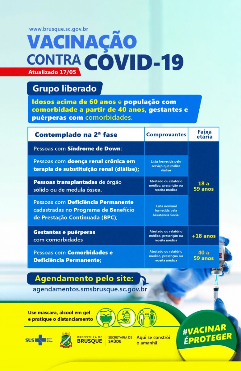 Covid-19: Brusque abre agendamento e vacinação a pessoas com comorbidade a partir de 40 anos