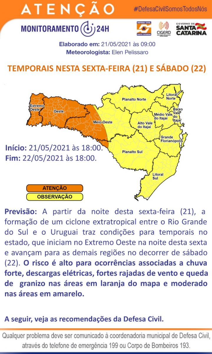 Defesa Civil alerta para possível ocorrência de temporais