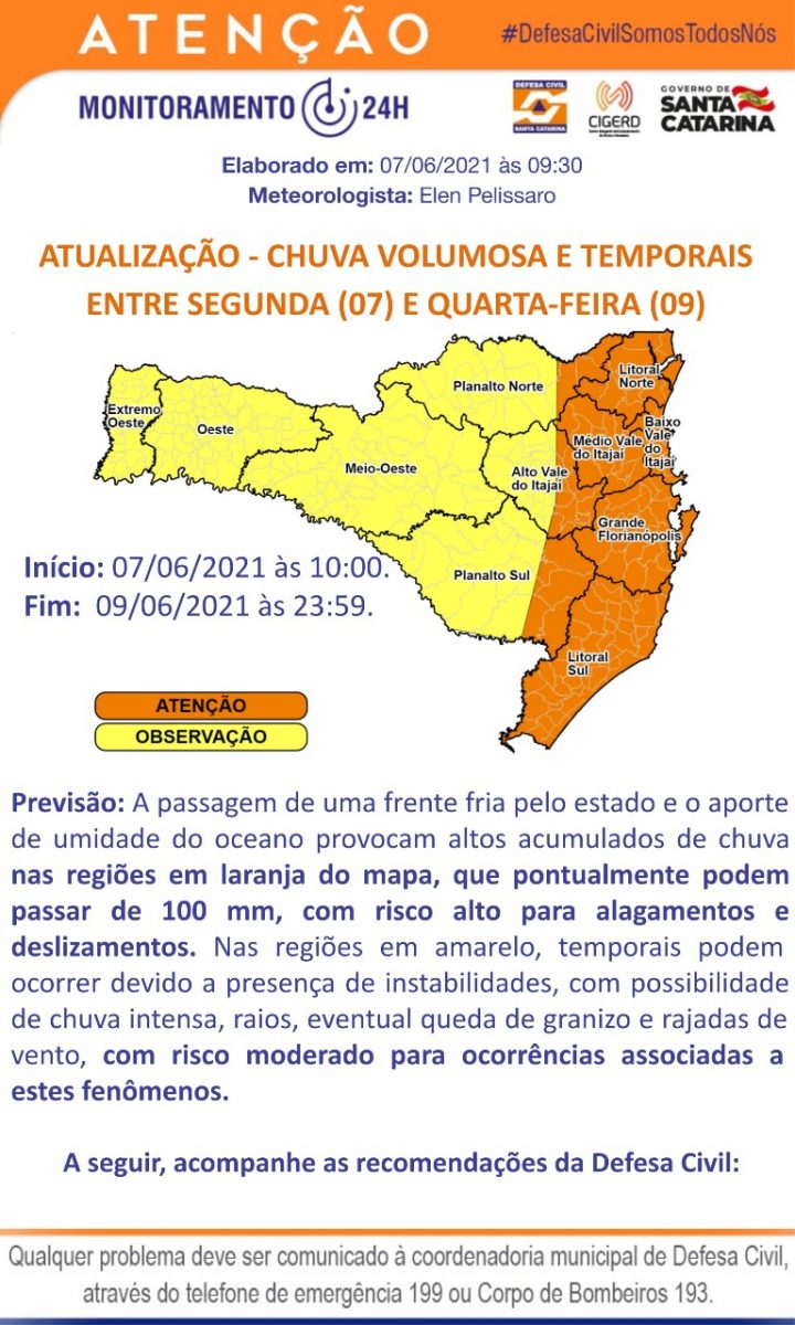 Defesa Civil alerta para possibilidade de grande volume de chuva