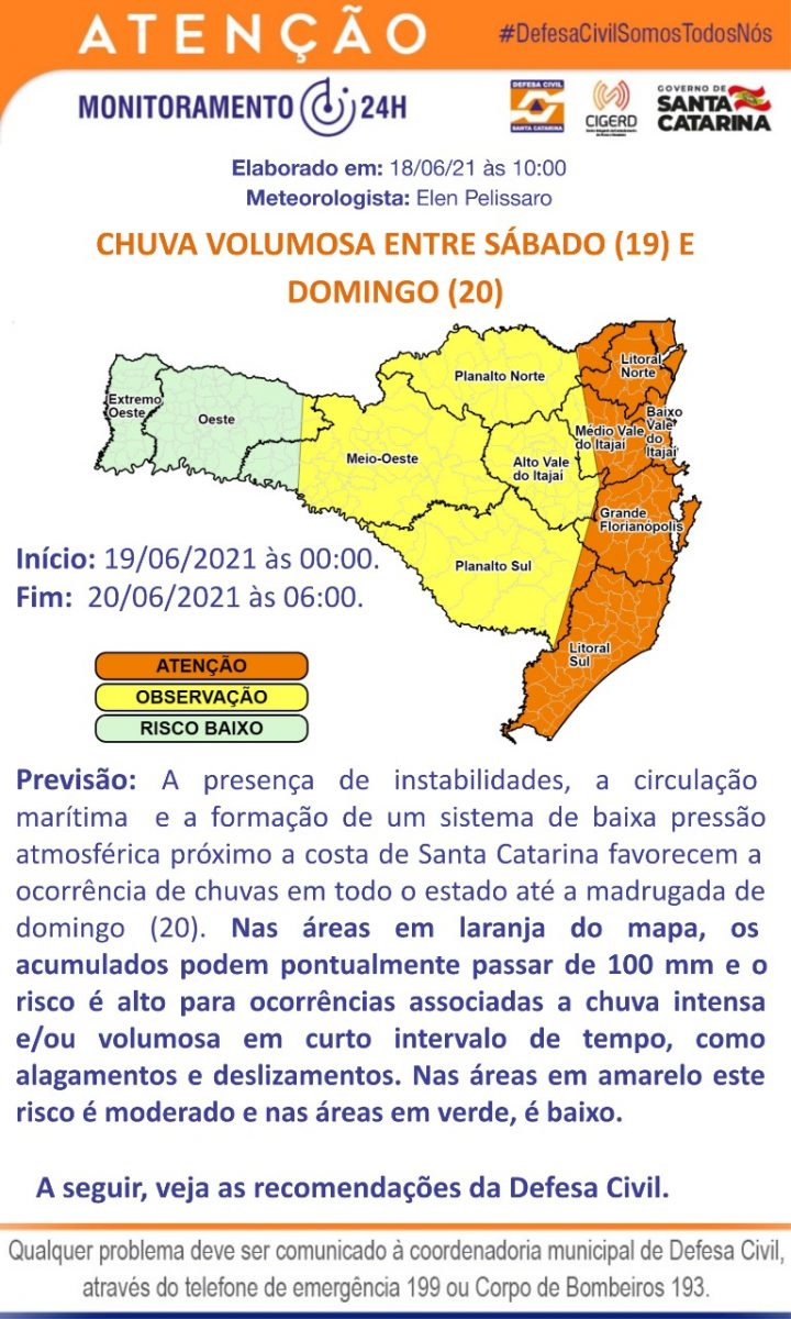 Defesa Civil alerta para possibilidade de grande volume de chuva