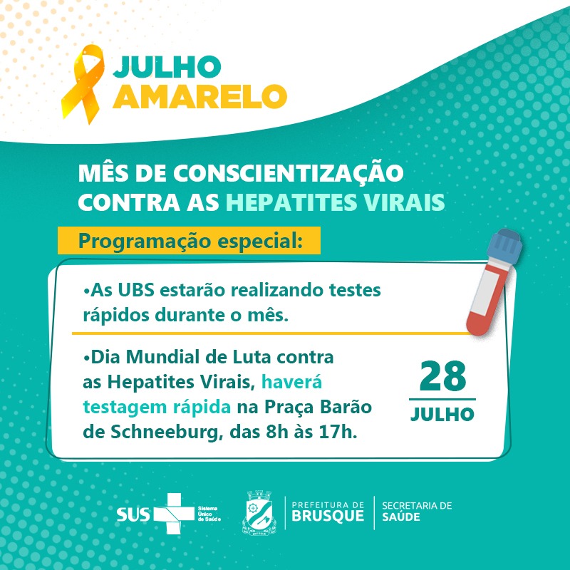 Brusque oferta teste rápido de hepatites em toda a Rede Básica para marcar o Julho Amarelo