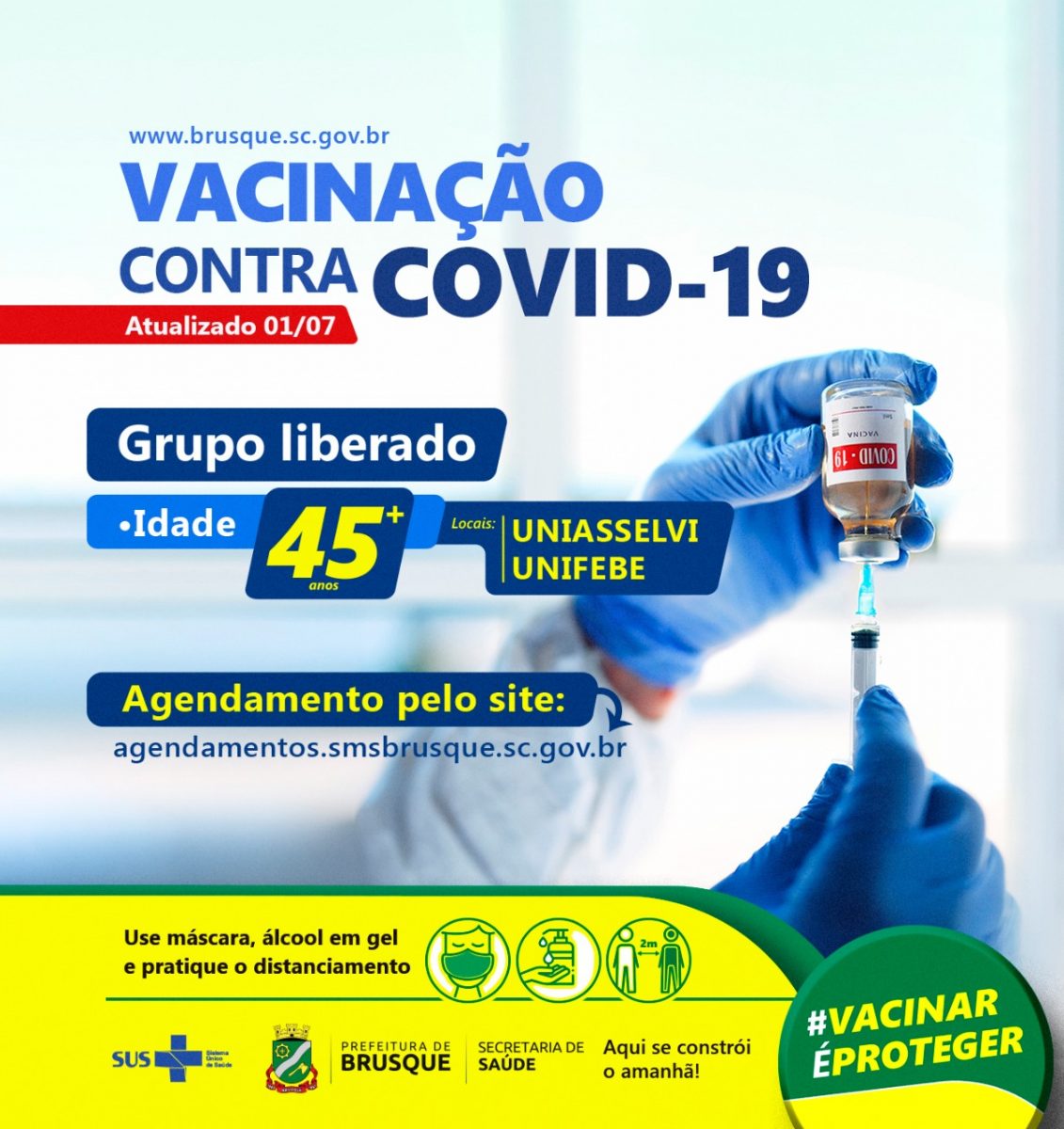 Covid-19: Brusque abre agendamento para vacina a pessoas com 45 anos ou mais