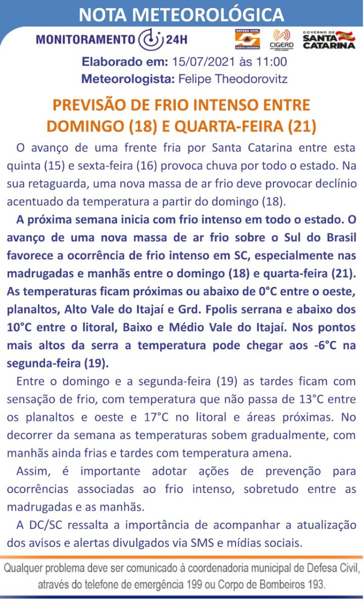 Defesa Civil emite alerta para frio intenso a partir de domingo (18)