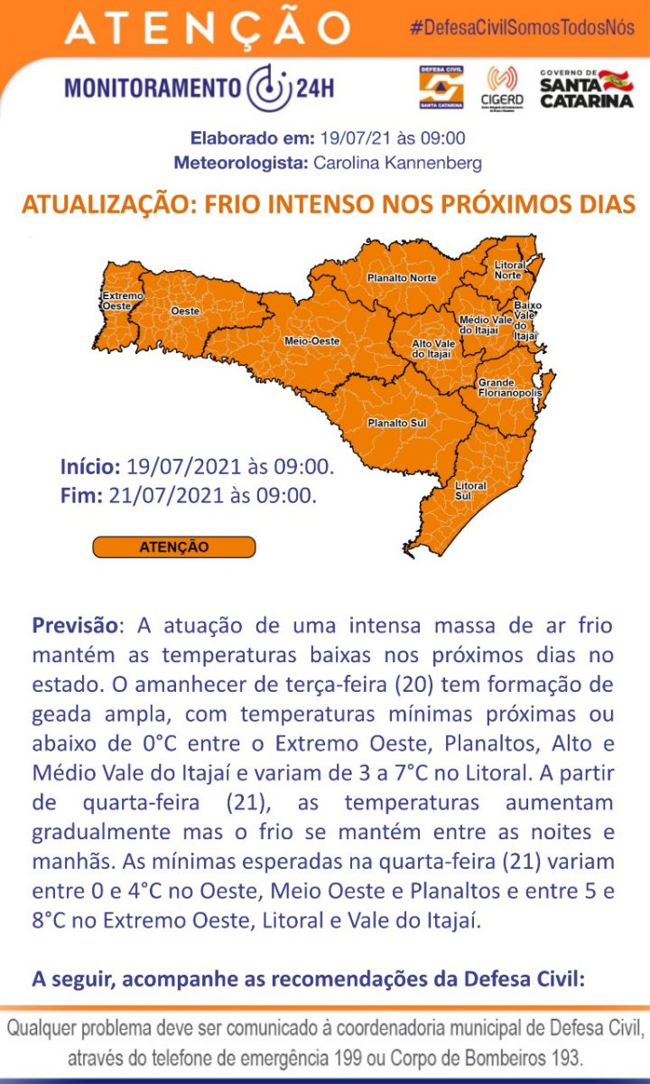 Frio intenso deve permanecer até quarta-feira (21)