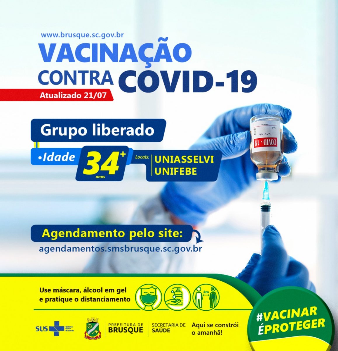Covid-19: Brusque abre agendamento para vacina a pessoas com 34 anos ou mais
