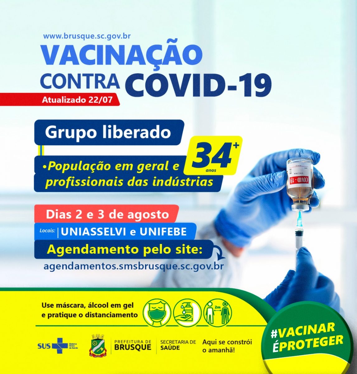 Covid-19: Brusque abre novo agendamento para vacina a pessoas com 34 anos ou mais
