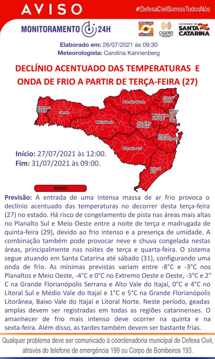 Defesa Civil alerta para frio intenso