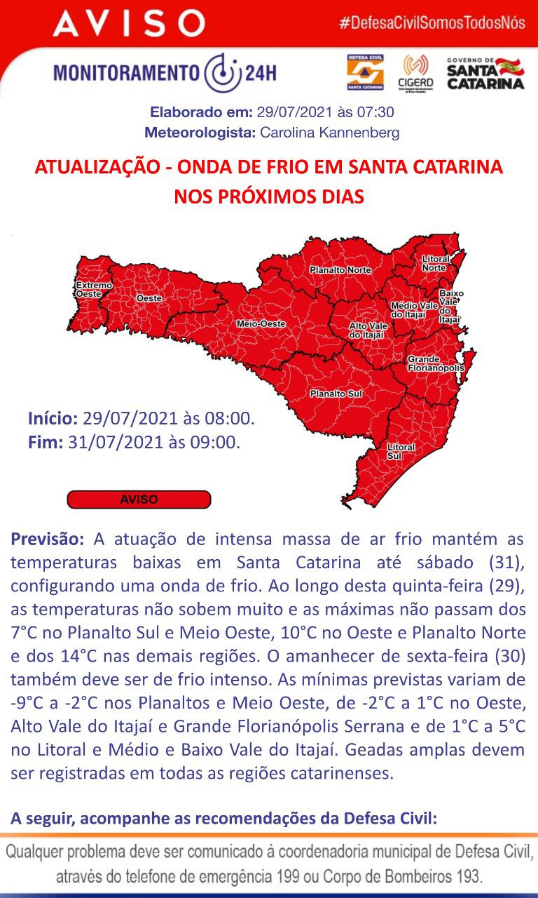 Defesa Civil alerta para frio intenso nos próximos dias