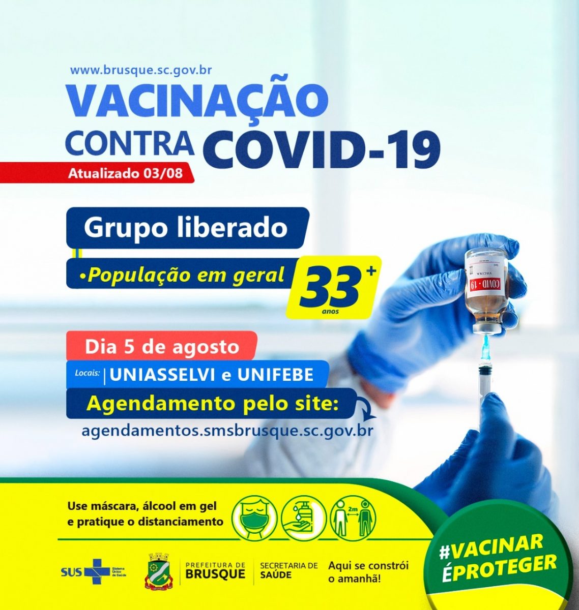 Covid-19: Brusque abre agendamento para vacina a pessoas com 33 anos ou mais