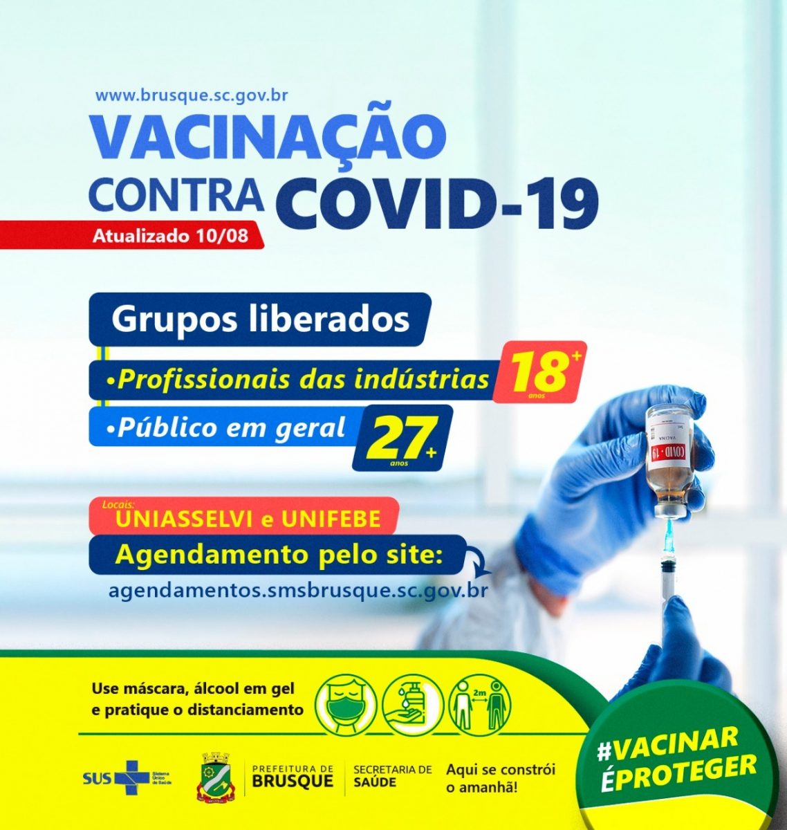 Covid-19: Brusque abre agendamento para vacina a pessoas com 27 anos ou mais