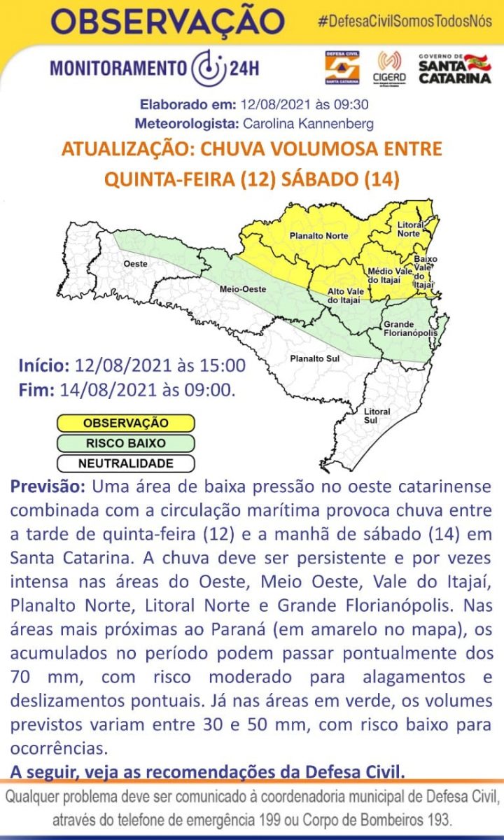 Defesa Civil divulga aviso meteorológico