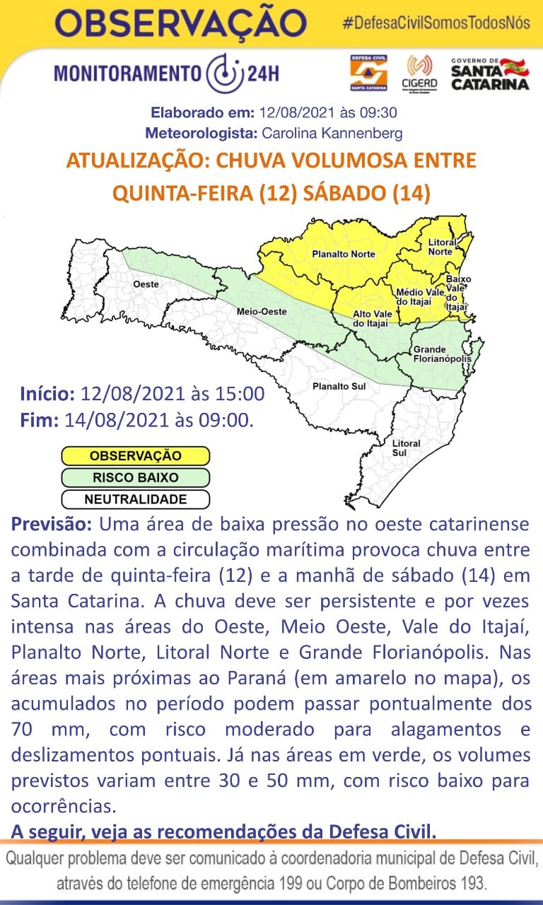 Defesa Civil divulga aviso meteorológico