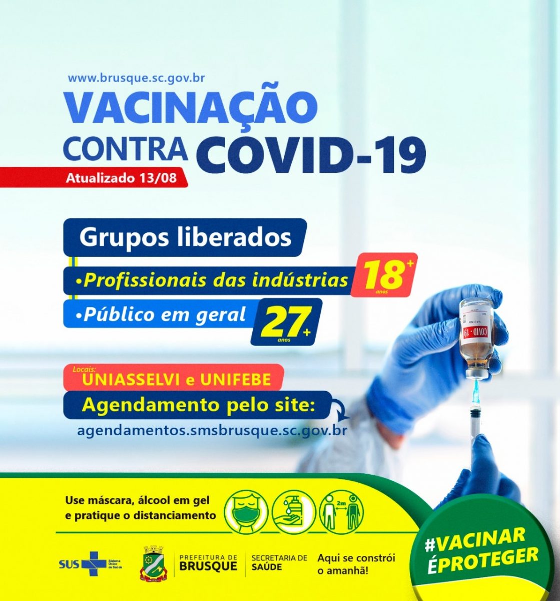 Covid-19: Brusque abre outro dia de agenda para vacina ao grupo de 27 anos ou mais