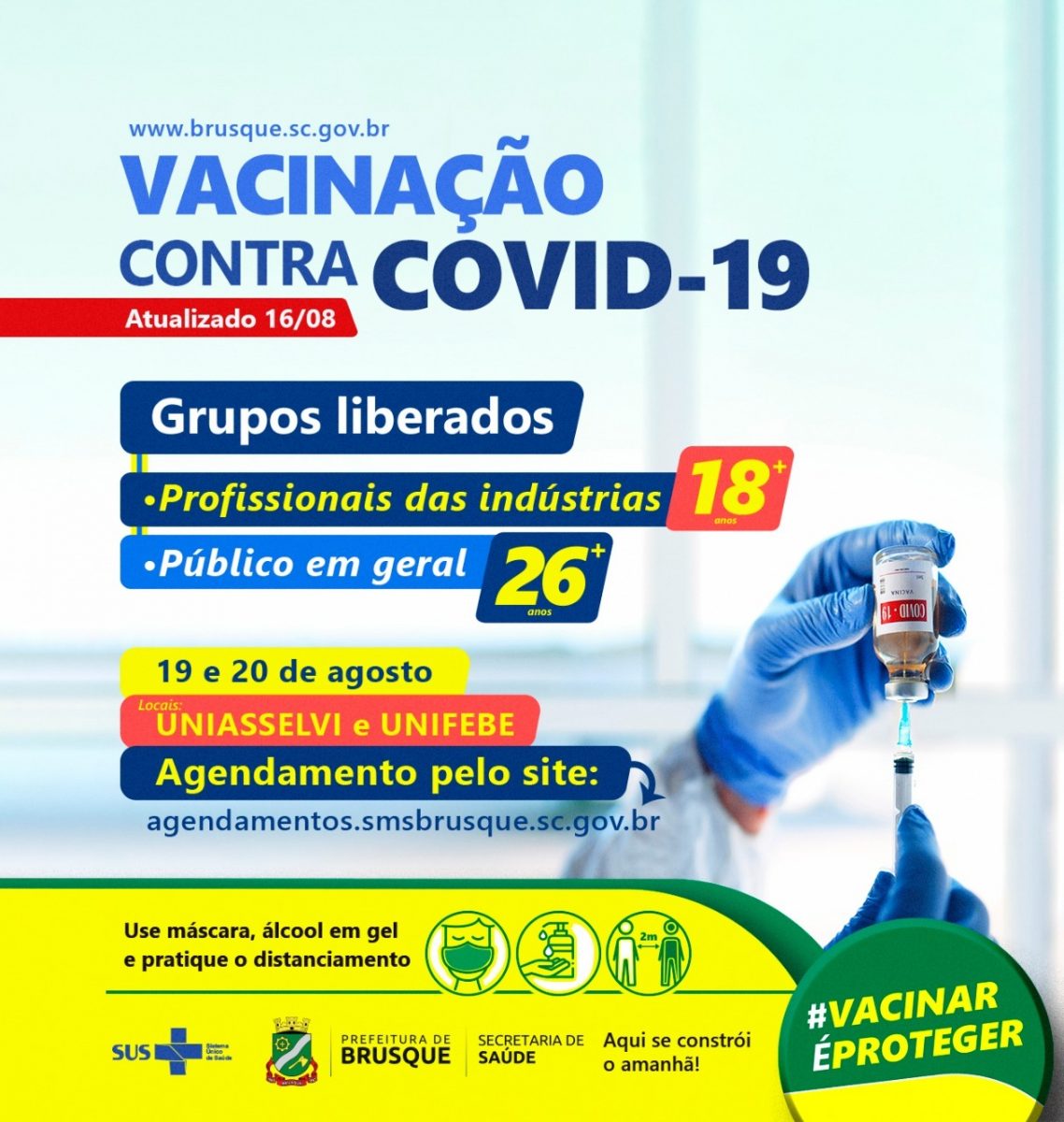 Covid-19: Brusque abre agendamento para vacina a pessoas com 26 anos ou mais