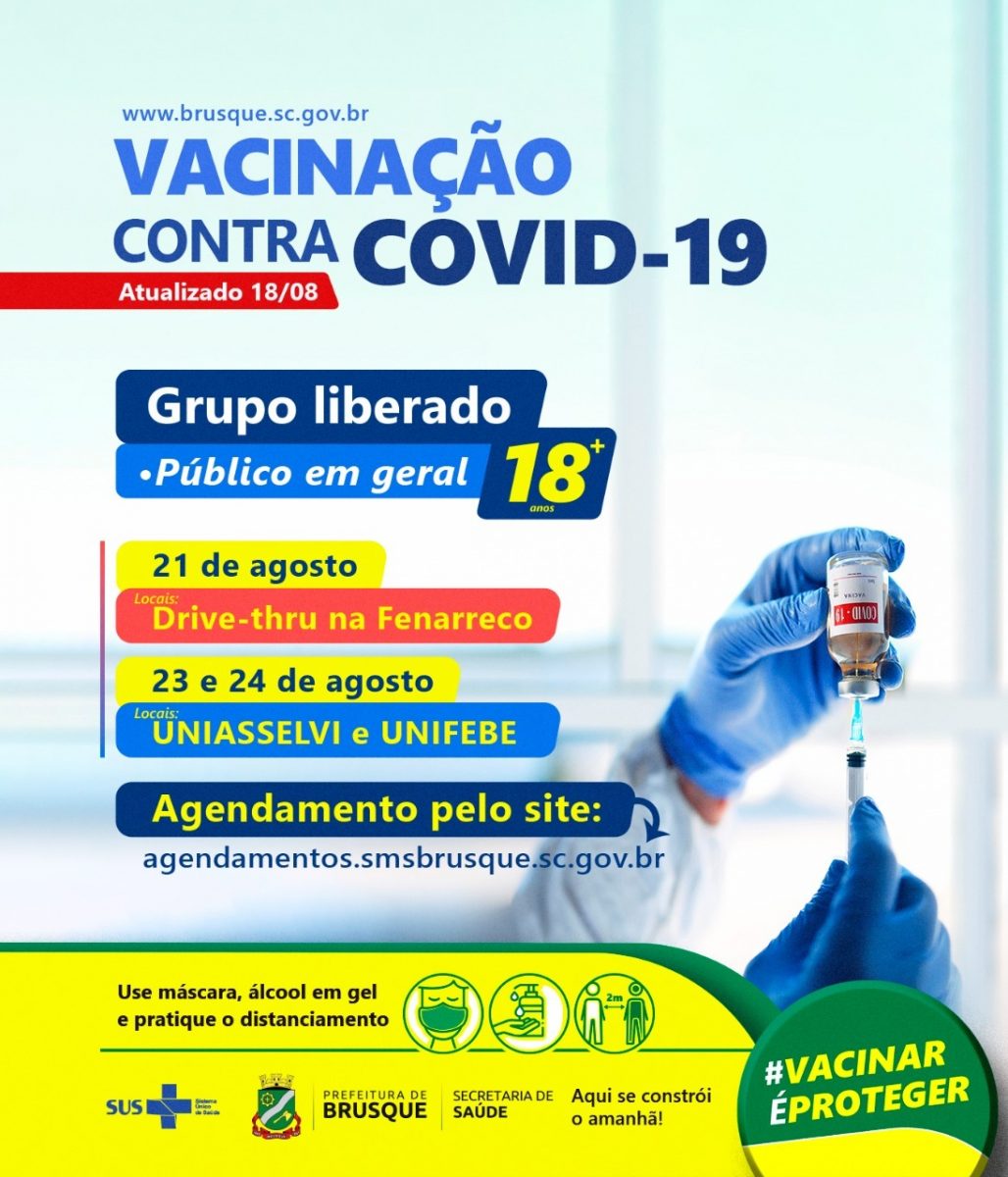 Covid-19: Brusque abre agenda para vacina ao grupo de 18 anos ou mais