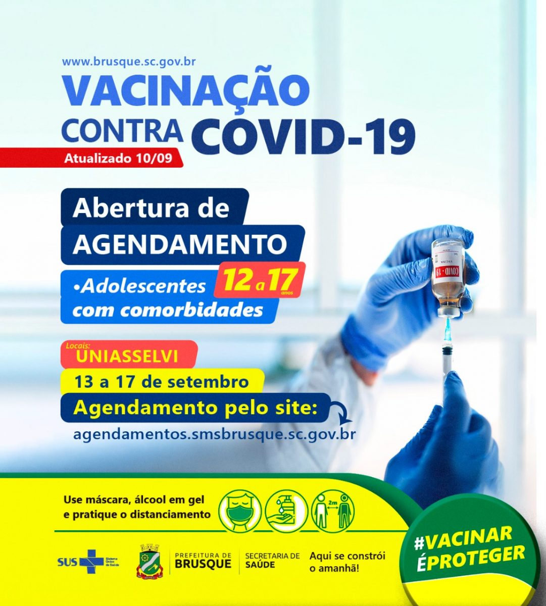 Covid-19: Brusque abre nova agenda para vacinação em adolescentes de 12 a 17 com comorbidade