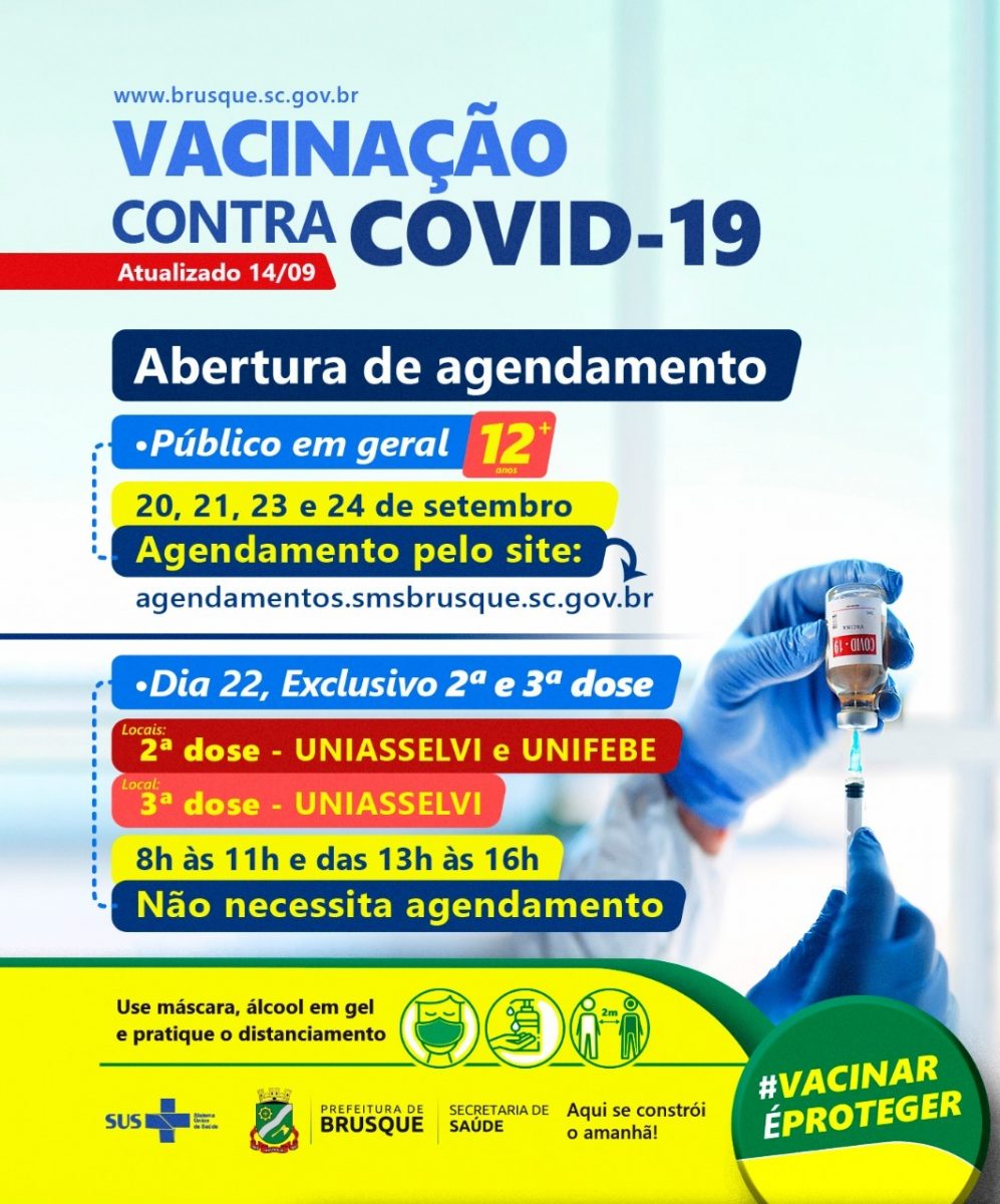 Covid-19: Brusque abre agendamento de vacina para os dias 20, 21, 23 e 24 de setembro para pessoas de 12 anos ou mais