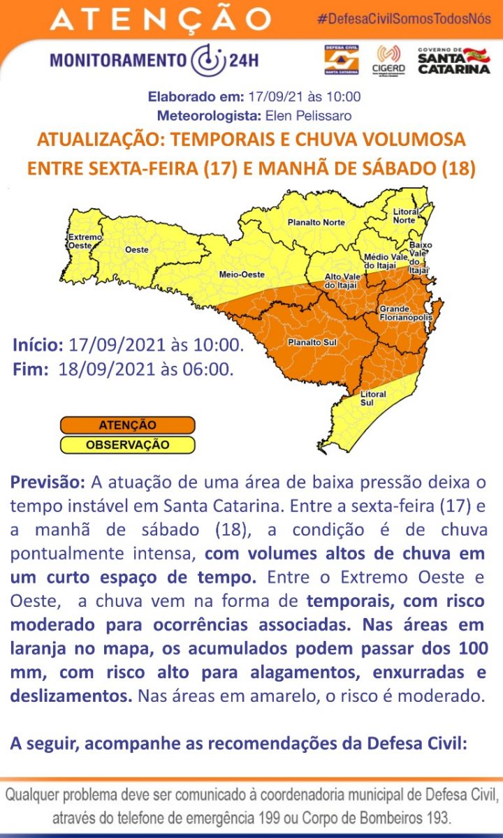 Defesa Civil está em atenção para possibilidade de grande volume de chuva