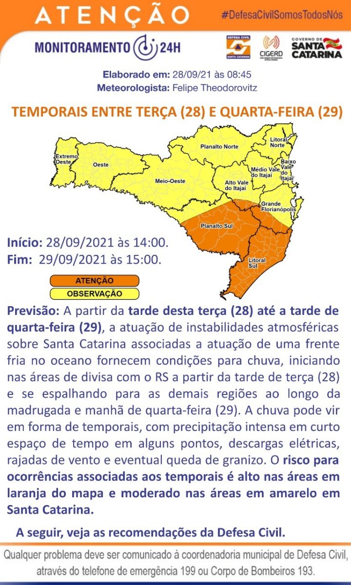 Defesa Civil informa sobre previsão de chuva e vento entre as tardes de hoje e amanhã