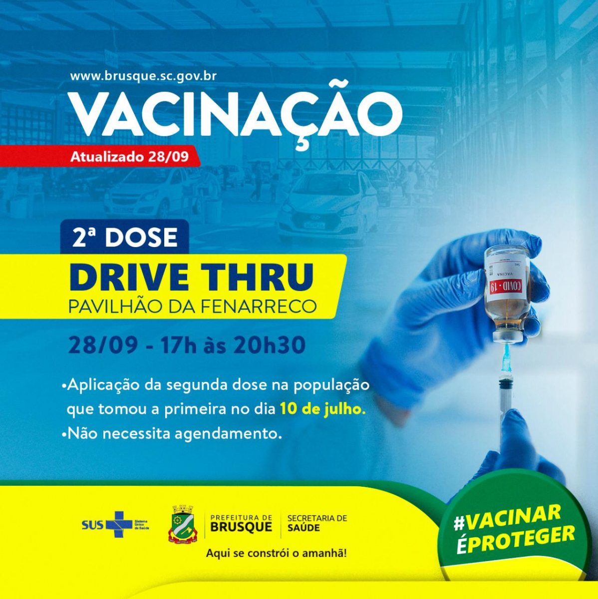 Covid-19: Nesta terça tem drive thru para aplicação da segunda dose