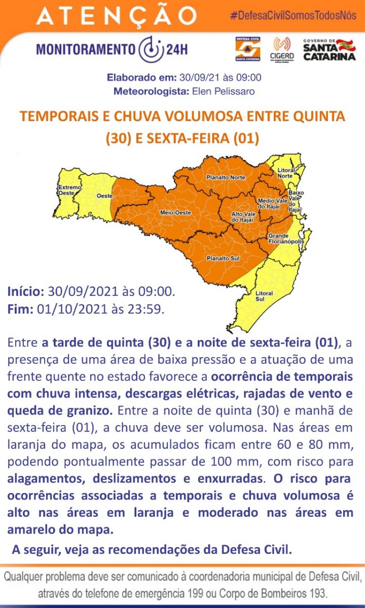 Defesa Civil alerta para possibilidade de chuva intensa