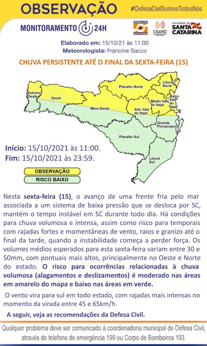 Defesa Civil divulga aviso meteorológico com possibilidade de chuva volumosa