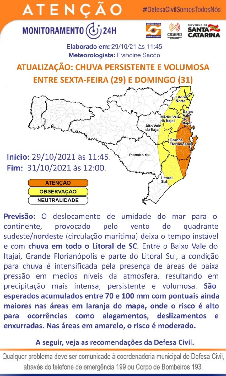 Defesa Civil divulga aviso meteorológico de chuva persistente e volumosa até domingo